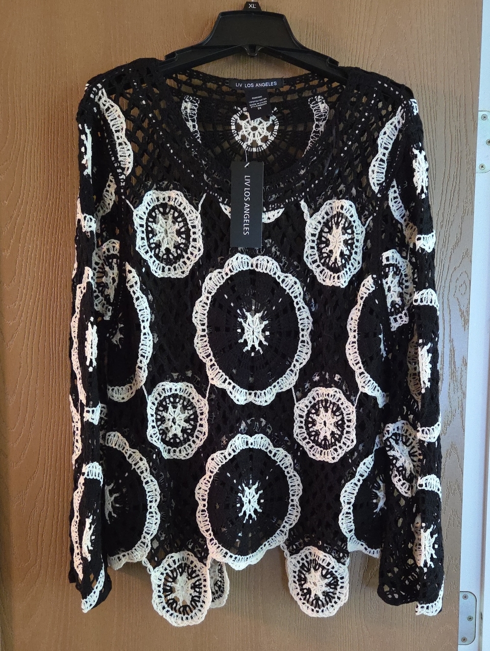 LIV Los Angeles Black & White Crochet Long-Sleeve Sweater,  NWT